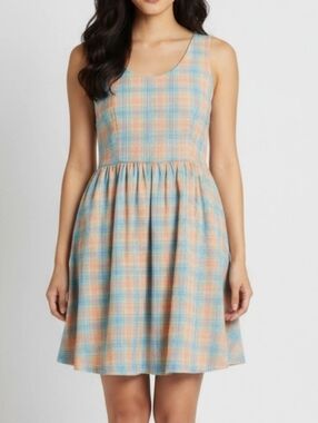Modcloth Womens Dress Sz XL Plaid Lined Pockets Lightweight Sleeveless Casual
